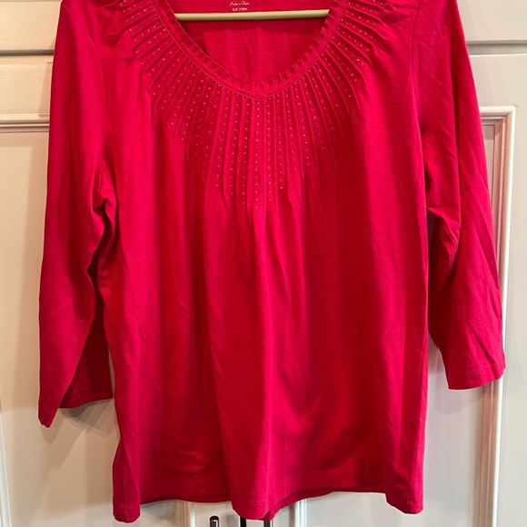 CHICO'S STRAWBERRY PINK PIN TUCK TOP 2 Large cotton beaded NWT New - Picture 10 of 12